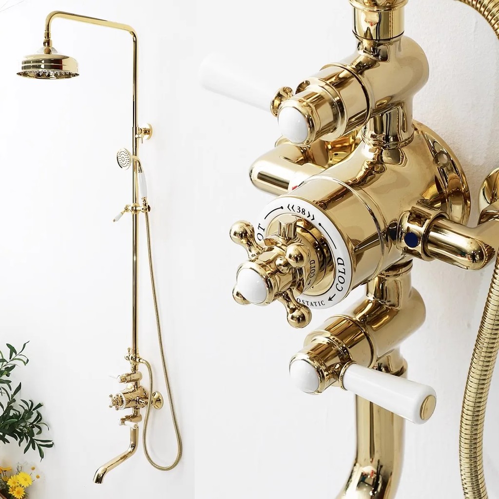 Bathroom Bath& Shower Faucet Set Thermostatic Wall Mounted Classical Gold Chrome Finished Rainfall S