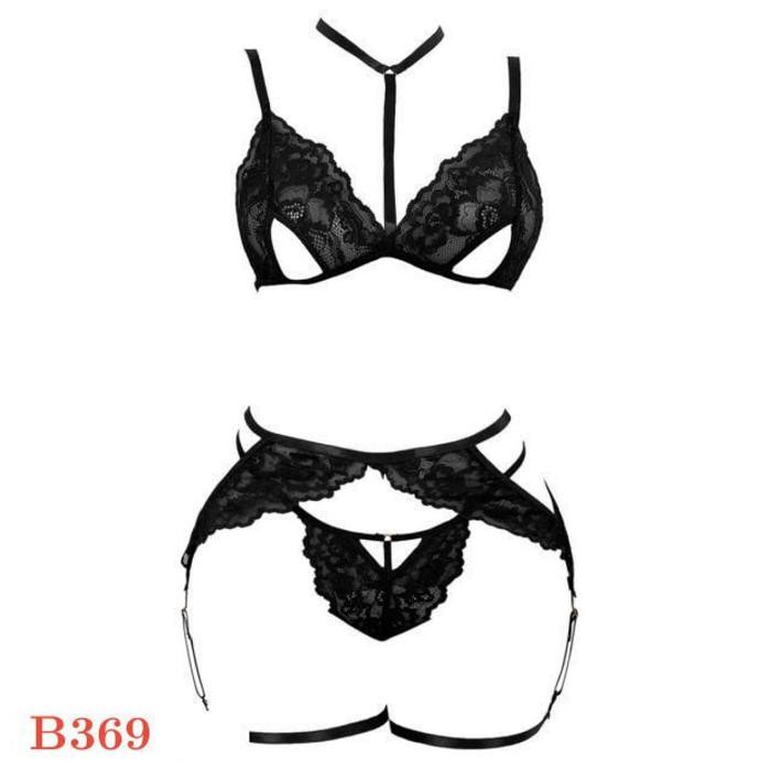 NEW Pakaian Dalam Wanita Sexy B369 Bra Set Bralette Garter Belt Paha Hitam