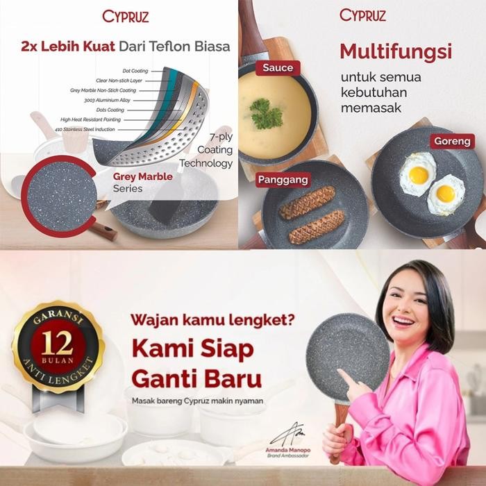 Cypruz White Granite Cookware Set Pan Anti Lengket Cyprus 7 Pcs Panci Wajan Induksi