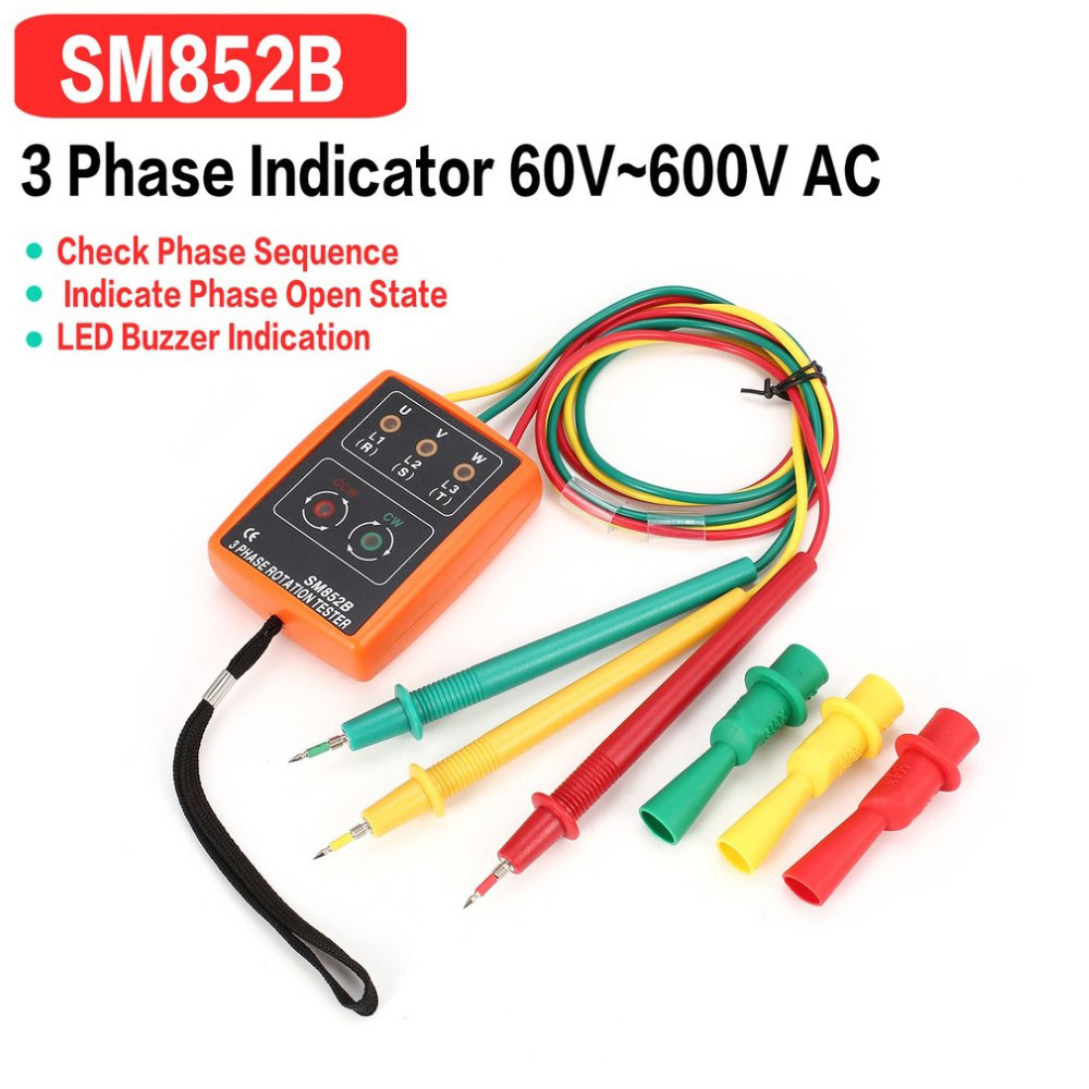 Portable 3-Phase Rotation Tester Digital Phase Indicator Detector LED Buzzer Phase Sequence Meter 60