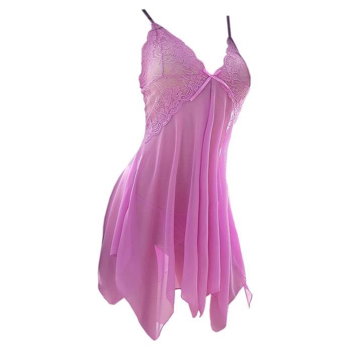 NEW L0865 Baju Tidur Wanita Gaun Malam Model Mini Dress Daster Pendek Pink Polos Terawang