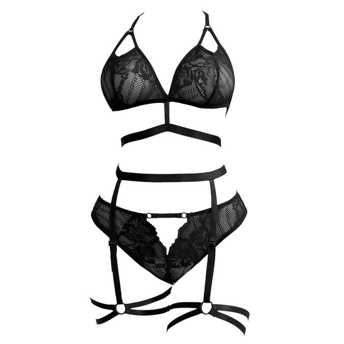 NEW B373 Set Pakaian Dalam Wanita BH Bra Bralette Halter CD Hipster Tali Garter Hitam Lace