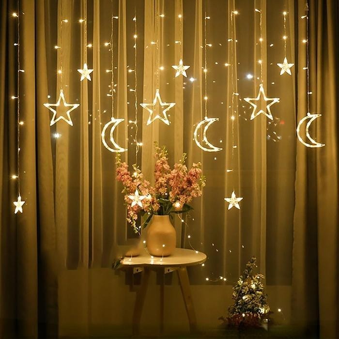 Lampu Hias Kelap-Kelip Bintang Bulan Lampu Natal Tirai Led Lampu Hias Kamar Dekorasi