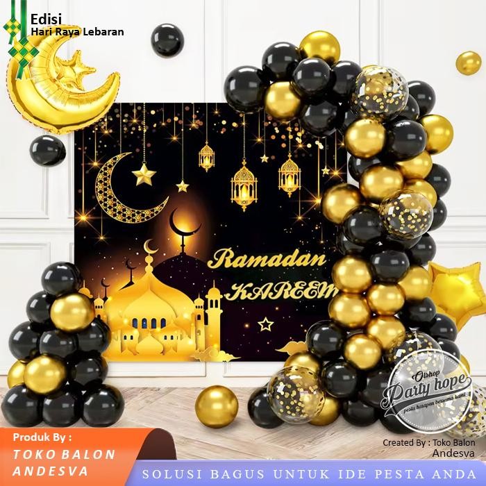 

Terlaris set dekor Ramadan Kareem hitam gold / paket dekor balon lebaran ramadan kareem / dekorasi