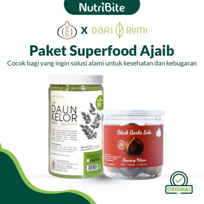 

NUTRIBITE Daun Kelor Bubuk Moringa 400gr Dari Bumi Black Garlic Solo Bawang Hitam Tunggal HSD Paket