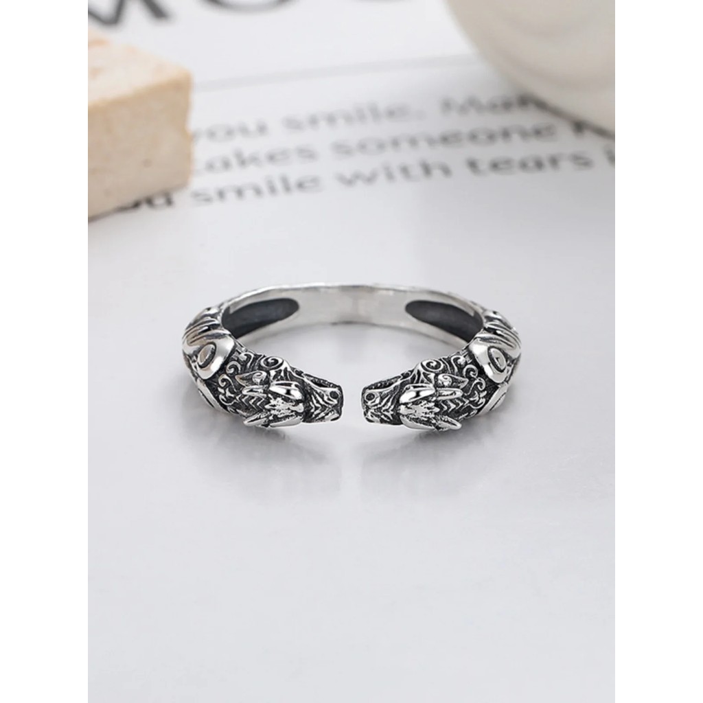 Silver Color Retro Double Dragon Head Ring Men's and Women's Mighty Dragon Ethnic Style Fashion