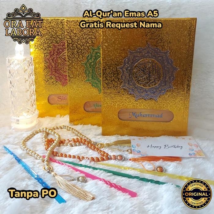 SALE  AL-QURAN COVER EMAS GRATIS CUSTOM NAMA TERJEMAH DAN NON TERJEMAH UKURAN A5 FREE KALAM &