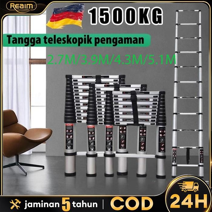REAIM Tangga Lipat Aluminium Teleskopik 5.1M/4.3M/3.9M /Tangga aluminium teleskopik portabel /Tangga