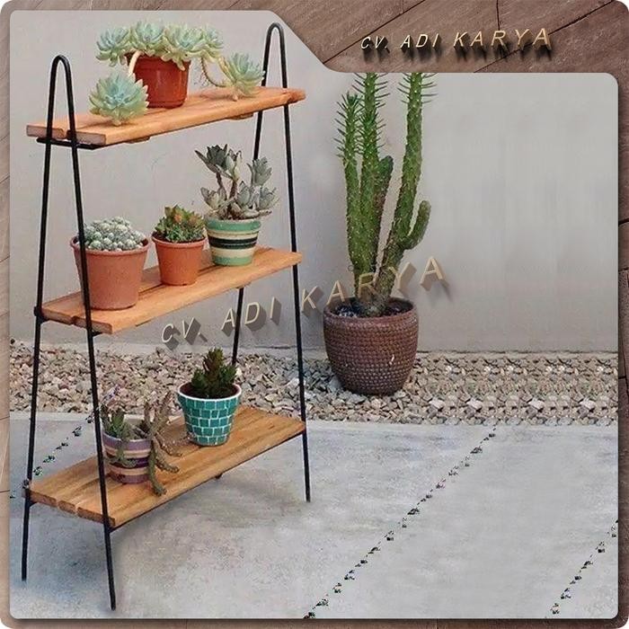 Rak Bunga Besi Kayu 3 Susun Minimalis Tempat Dekorasi Tanaman Rumah *