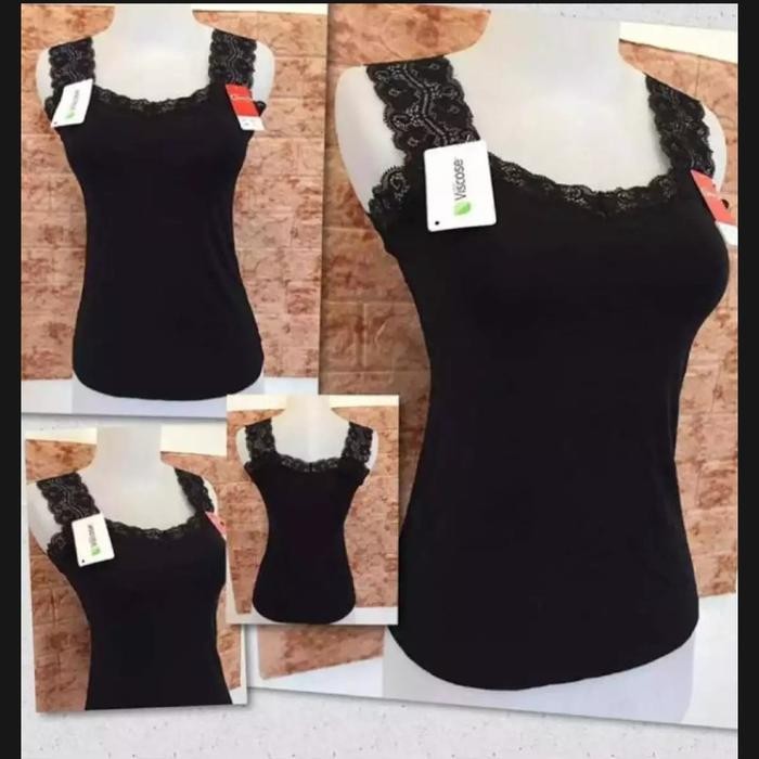 Live Tik Tok Tengtop Renda wanita Cewek Top Hitam Melar Panjang Rayon Tank Atasan *