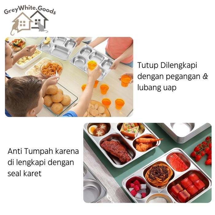 Food Tray 5 Sekat + Tutup Stainless 304 Nampan Makanan Ompreng 5 Sekat Kotak Makan Stainless
