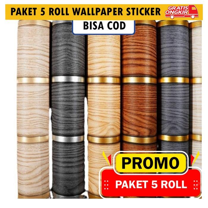 Paket 5 Roll Wallpaper Stiker Dinding Motif Kayu Stripe 3D Pintu Pvc Gh167 45Cm X 4M Dekorasi