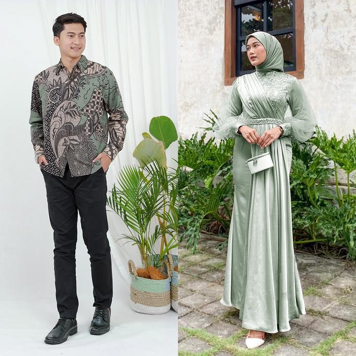 NAYANIKA BATIK MELODY SAGE SERIES - Batik Couple Gamis Brukat Modern Melody Dress Kondangan Wanita