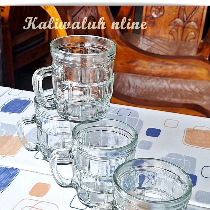 BSKU 4 Pcs Gelas Minum Kopi Kaca Gagang Pendek Gentong Kotak Gelas Beling