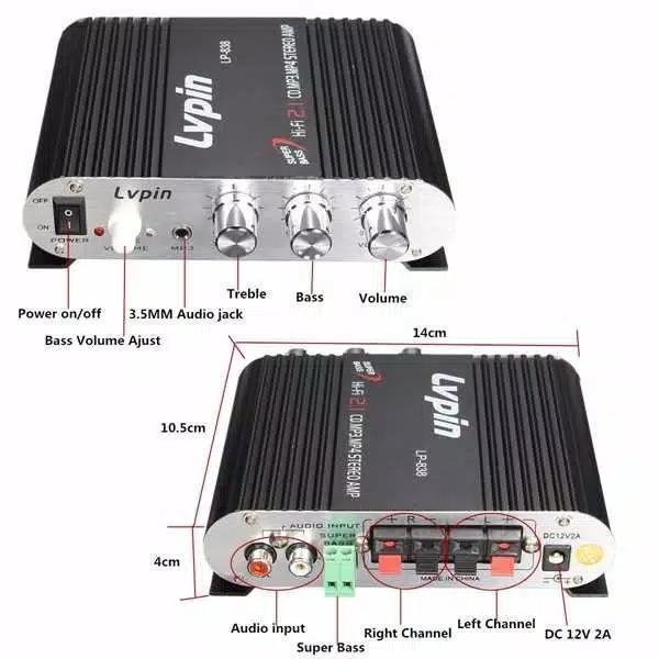 LVPIN MINI HIFI STEREO AMPLIFIER TREBLE BASS BOOSTER LP838 + ADAPTOR