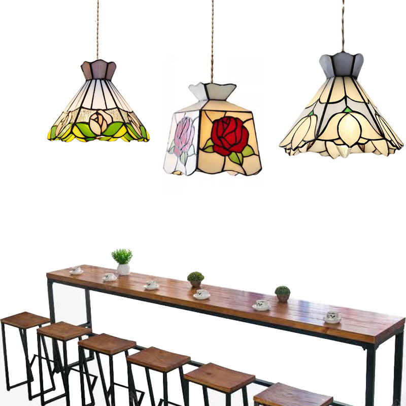 Lampu Gantung Tiffany Loteng Mediterania Dekorasi Rumah Kaca Patri Kreatif Lampu Gantung Kamar Tidur