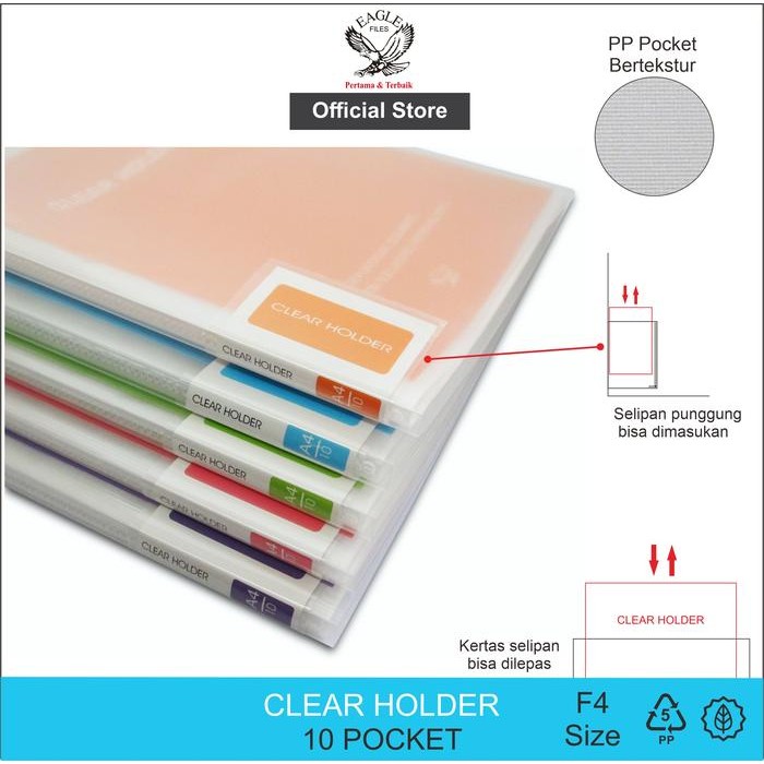 

EAGLE FILES Clear Holder/Dokumen Keeper/Display Book/Document Keeper Warna Neon F4 (Folio) 10 Pocket