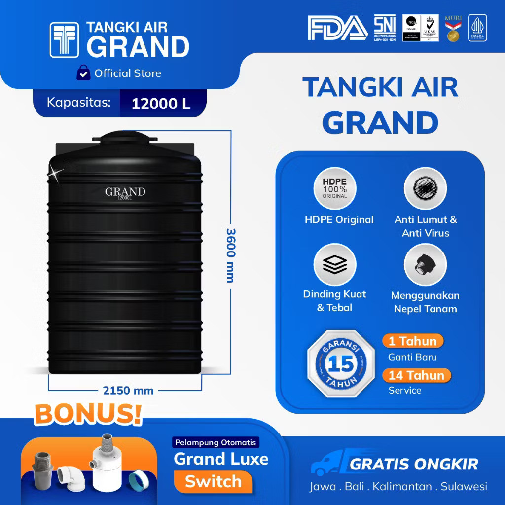 Grand Tandon Toren Tangki Air 12000L Anti Lumut Garansi 15 Tahun