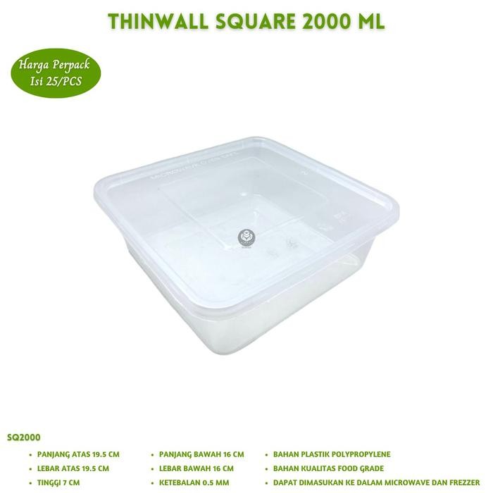 JT Thinwall Squere 2000 Ml Food Container (Isi 25 Pcs-SQ2000)