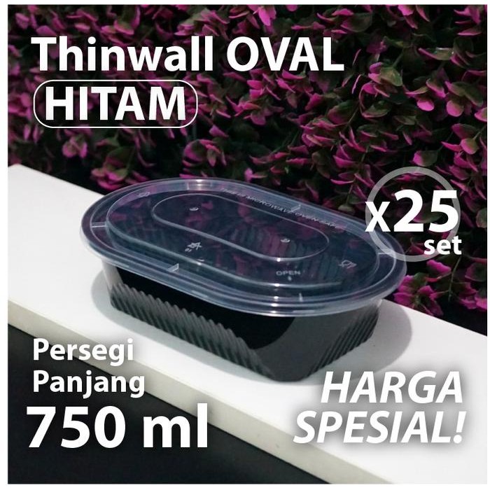 JT Paket 25 pcs Thinwall Oval 750 ml Hitam - Food Container Kotak Makanan