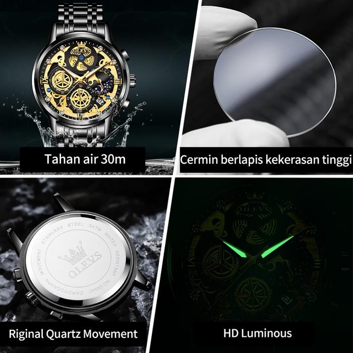 Olevs Jam Tangan Pria Anti Air Original Rantai Keren Mewah Luxury Stainless Steel Chronograph