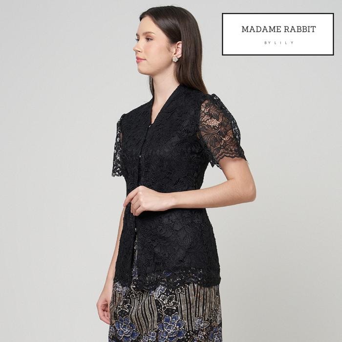 Blouse Kebaya Brokat Modern Madame Rabitt Puff Hitam Lengan Pendek Dress Wanita