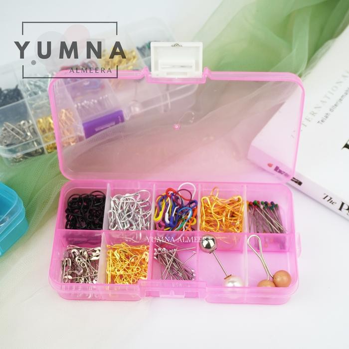 Paket Peniti Bohlam / labu, jarum pentul besar dan kecil, klip hijab/jilbab Box, Tuspin