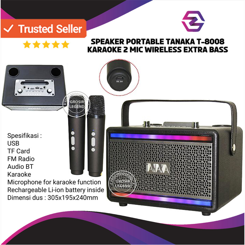 Speaker Portable Tanaka T-8008 Karaoke 2 Mic Wireless Extrabass