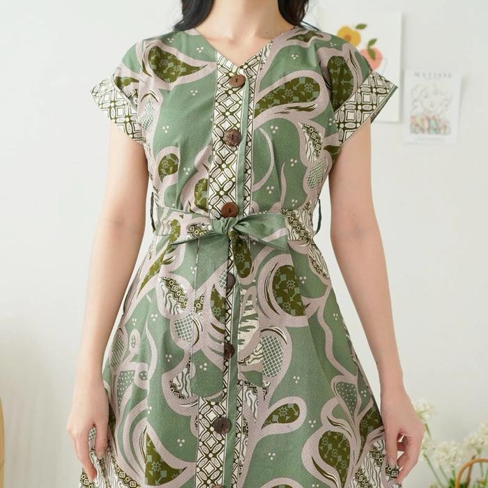 Dress Batik Hijau Fashion Wanita Baju Remaja Midi Dres Lengan Pendek Modern