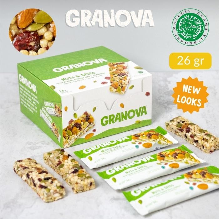 

ASLI Granova - Snackbar Nuts & Seeds 26gr x 16 pcs (Rasa ginal) - Cemilan Sehat, Gandum, Halal READY