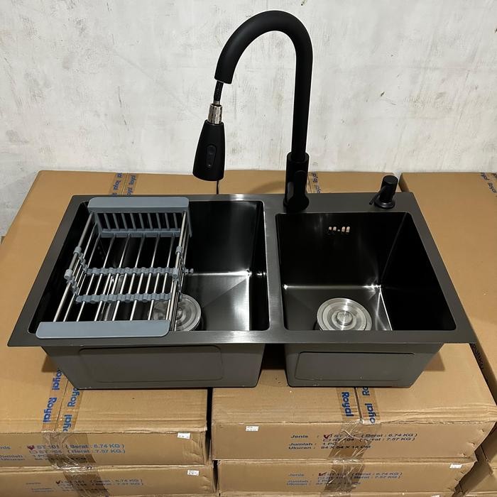 Bak Cuci Piring Kitchen Sink Wastafel 2 Lubang Hitam 75 X 40 X 23 Cm
