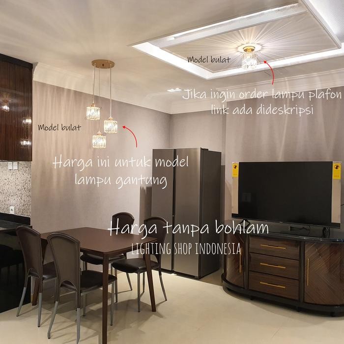 Lampu gantung kaca kristal 3in1 void kop bulat modern meja makan 1set
