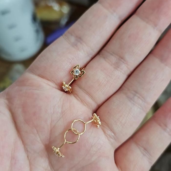 Anting Toge End Loop Kupu Butterfly Emas Muda Asli 375 8K