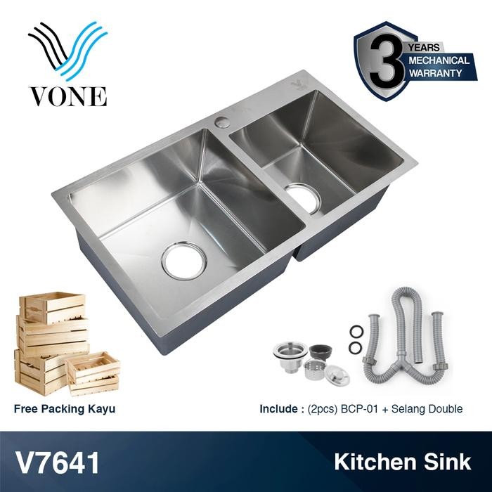 VONE Bak Cuci Piring Wastafel Dapur 2 Lubang Top Mount Kitchen Sink Avur Set Komplit V7641