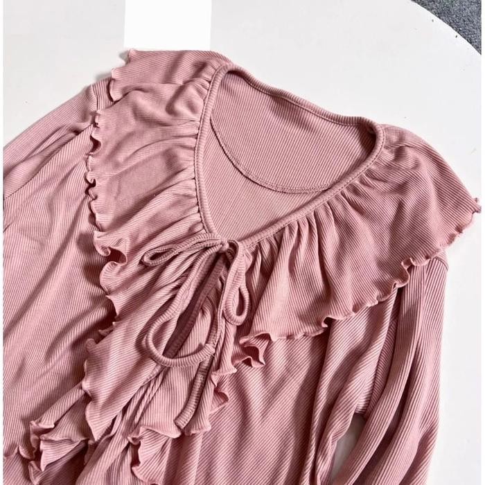Pilihan- Cardigan Rumbai Ruffle Crop Knitwear Baju Atasan Outer Wanita Rib Top Tebal