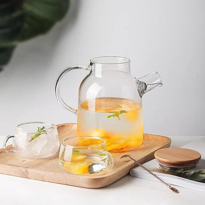 TEKO KACA TEH PITCHER BOROSILICATE GLASS 1.5 LITER TUTUP KAYU