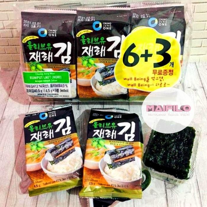 

Chung Jung One Seaweed 6+3 Nori Olive Oil / Rumput Laut Korea
