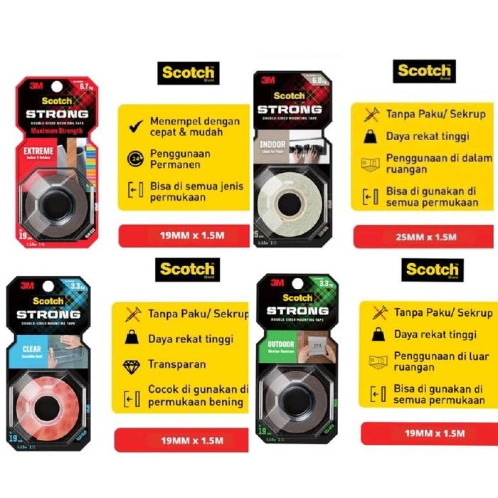 

Stok Baru 3M SCOTCH STRONG DOUBLE SIDED MOUNTING TAPE EXTREME INDOOR OUTDOOR CLEAR DOBEL TIP BUSA