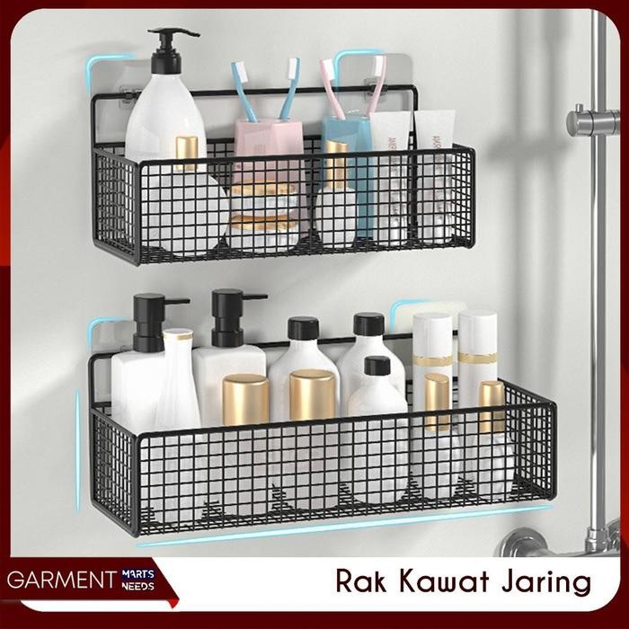 Rak Keranjang Jaring Kotak Gantung Kamar Mandi Sabun Besi Tempat Deterjen Tempel Tanpa Bor