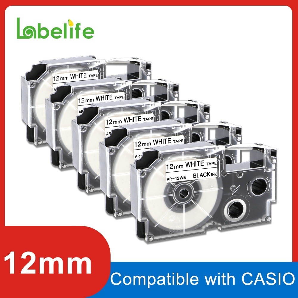 5Pack 9/12mm Label Tape XR12WE XR9WE Compatible for Casio Ez Label Tape for Casio Label Maker KL-60 