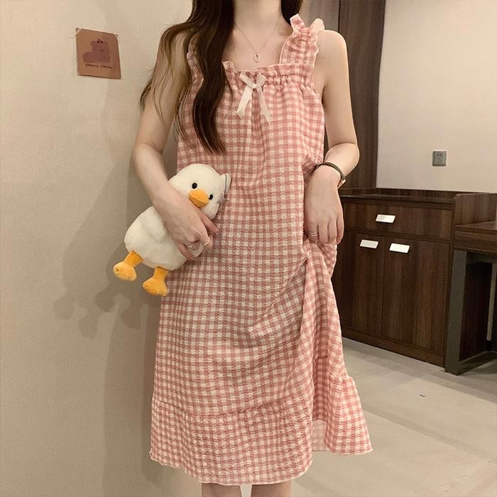 Ji Hye Dress Daster Tidur Aesthetic dengan Cup Bra Piyama Korea Wanita Import Tanpa Lengan