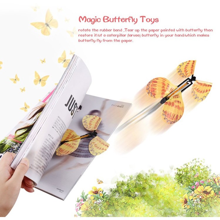 10PCS Magic Wind Up Flying Butterfly in Book Rubber Band Powered