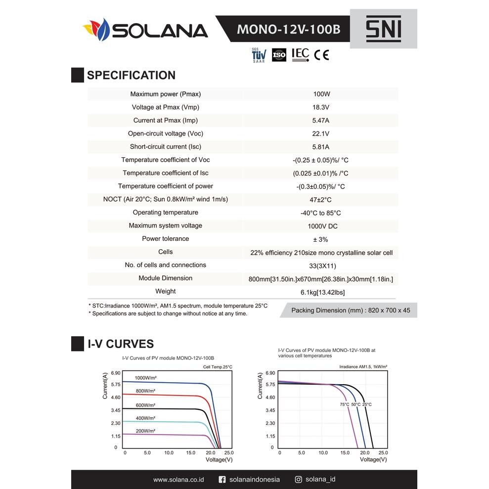SOLANA SOLAR CELL/PANEL SURYA/SOLAR PANEL MONOCRYSTALLINE 12V 100WP
