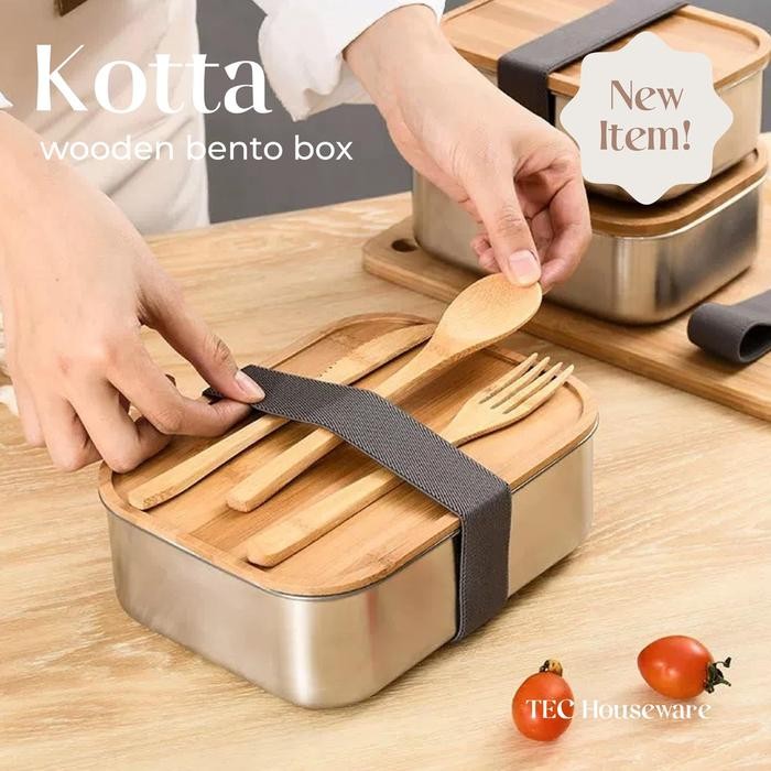 

ASLI TECKOTTA Bento Box Kotak Makan Stainless Steel 304 Berkualitas Tutup Kayu Kotak Penyimpanan