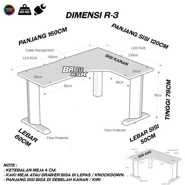 Battledesk R3 HITAM - Meja Komputer Gaming PC Desk RGB Murah 160x120