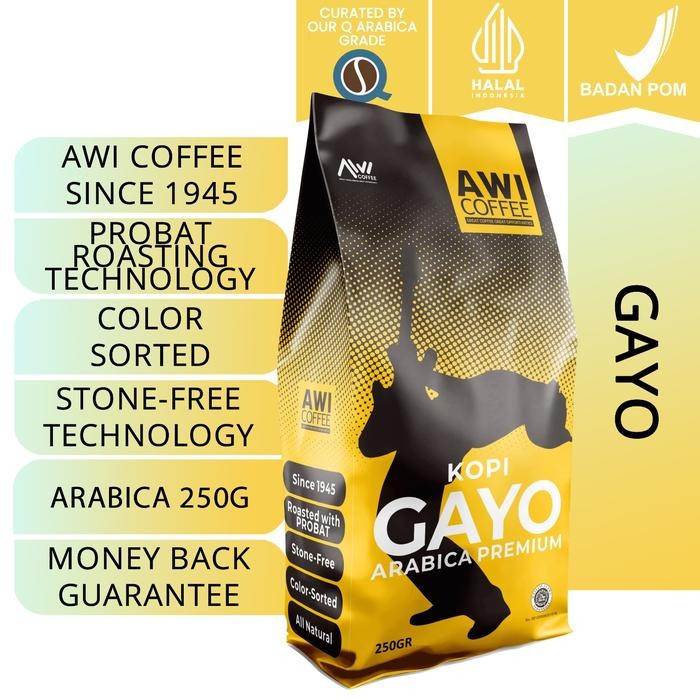 

AWI COFFEE GAYO ARABICA PREMIUM 250GR BIJI ROASTED COFFEE BEANS ACEH GRADE 1 KUALITAS EKSPOR