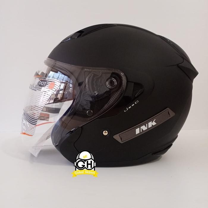 PREMIUM HELM INK METRO SOLID BLACK DOFF DOUBLE VISOR INK HALF FACE HITAM DOP