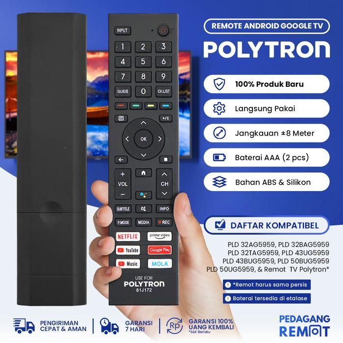 RB Remote TV Polytron Android Smart TV 81J172 81J208 IR / Remot Polytron