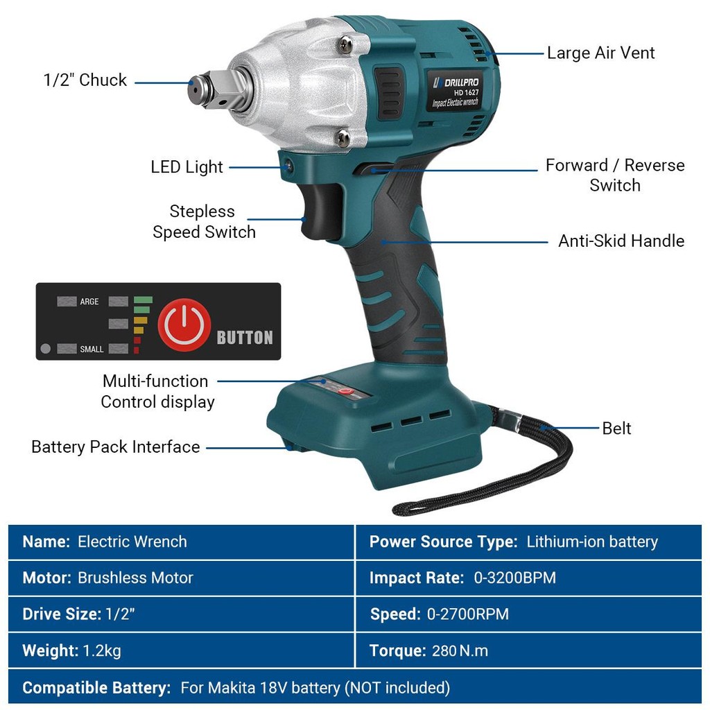 Drillpro Brushless Electric Wrench 280Nm 1/2 Inch Drive Cordless Wrench Screwdriver Drill Power