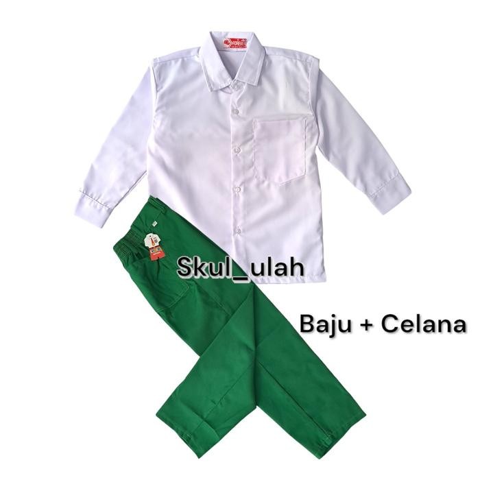 Set Seragam Sekolah Sd Mi Baju Kemeja Putih Celana Hijau Laki-Laki